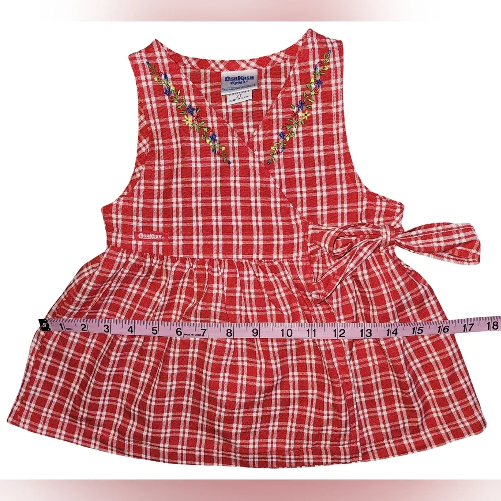 Vtg OshKosh B'gosh Red Gingham Wrap Dress Floral Embroidered USA Toddler Sz 2T - Picture 10 of 16